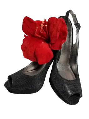 Adrianna Papell Black Pewter Sparkly Open Toe Stiletto Heels