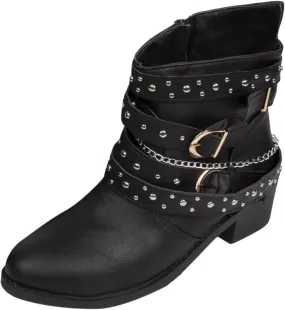 AMDBEL Boots for Women Fashion, Ankle Boots For Women Dressy, Womens Motorcycle Boots Thick Sole Square Heel Ankle Booties Rivet Chain Belt Buckle Leather Boots