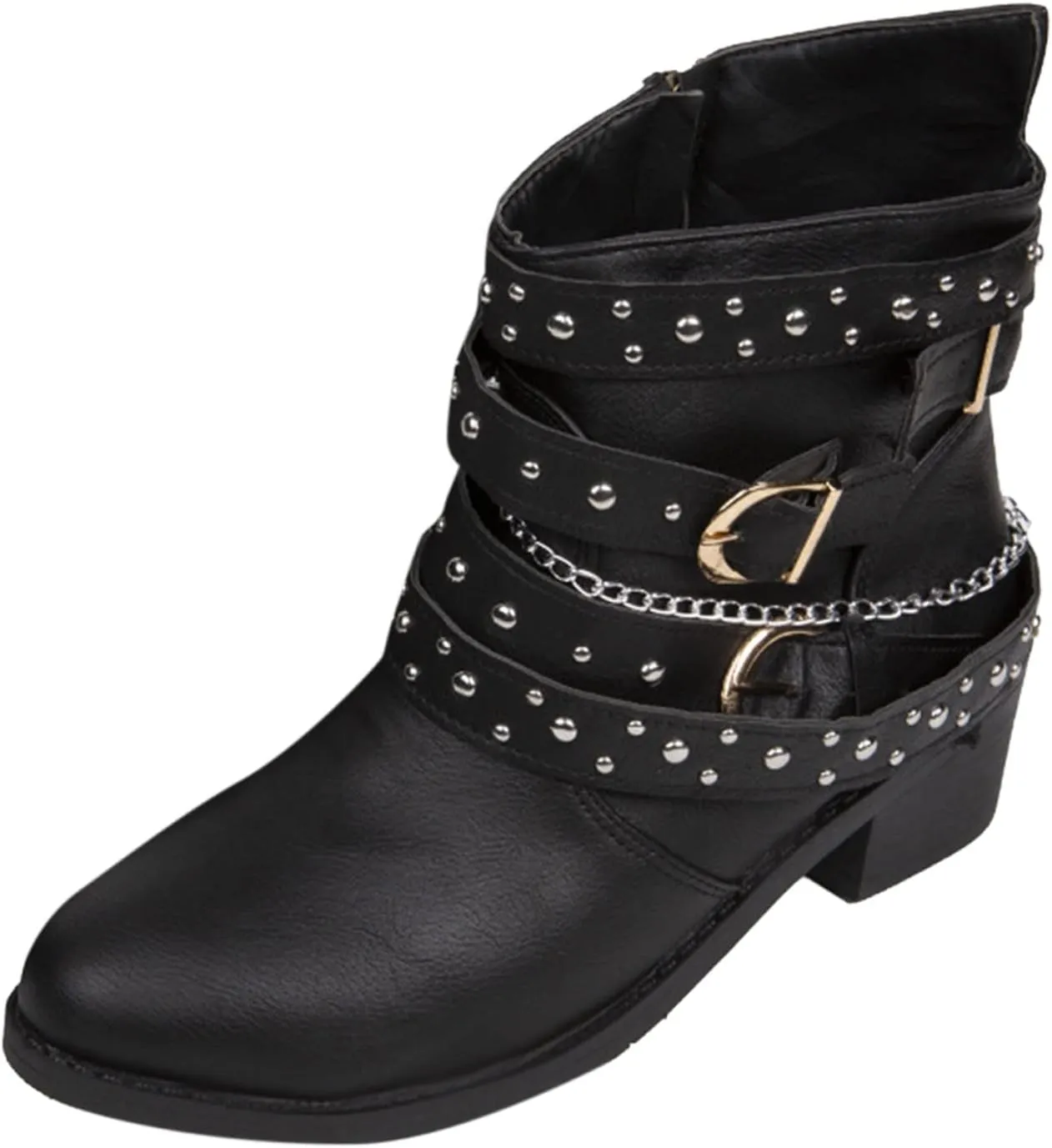 AMDBEL Boots for Women Fashion, Ankle Boots For Women Dressy, Womens Motorcycle Boots Thick Sole Square Heel Ankle Booties Rivet Chain Belt Buckle Leather Boots