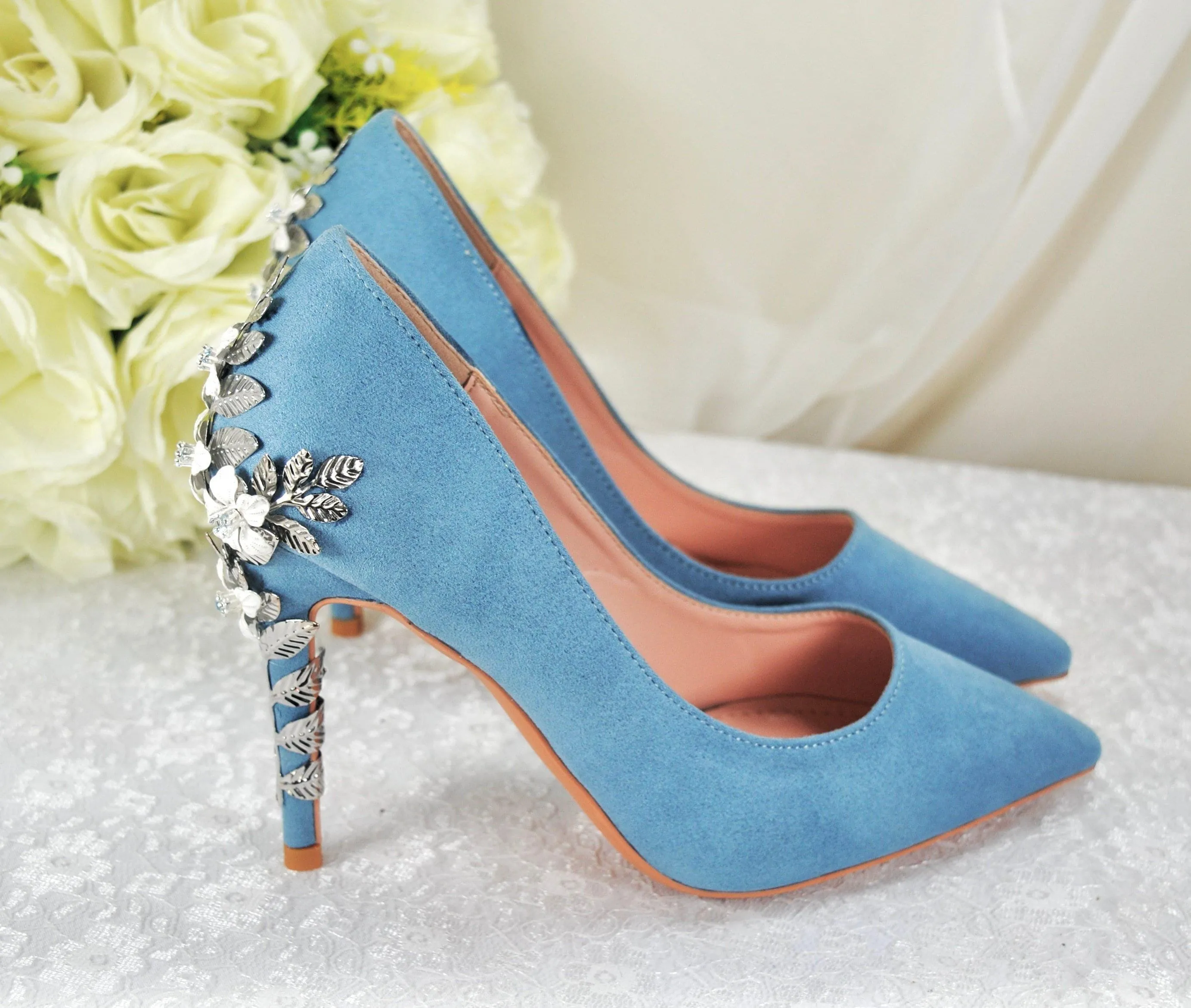 Beautiful Blue Suede Wedding Shoes withSsilver 'Cherry Blossom', Embellished Bridal Shoes, Wedding Heels for Bride Size UK7/US9.5