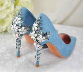 Beautiful Blue Suede Wedding Shoes withSsilver 'Cherry Blossom', Embellished Bridal Shoes, Wedding Heels for Bride Size UK7/US9.5