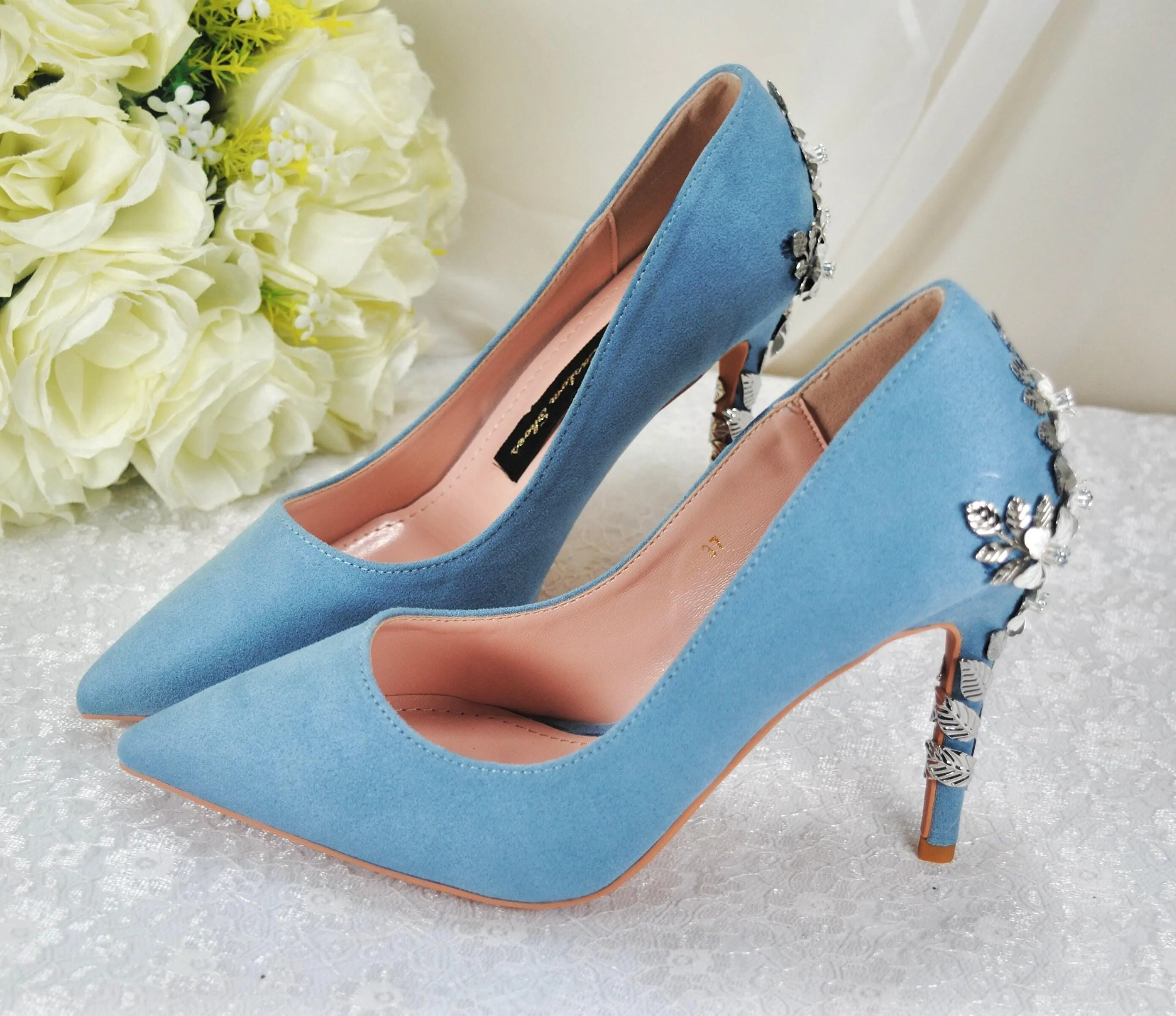 Beautiful Blue Suede Wedding Shoes withSsilver 'Cherry Blossom', Embellished Bridal Shoes, Wedding Heels for Bride Size UK7/US9.5