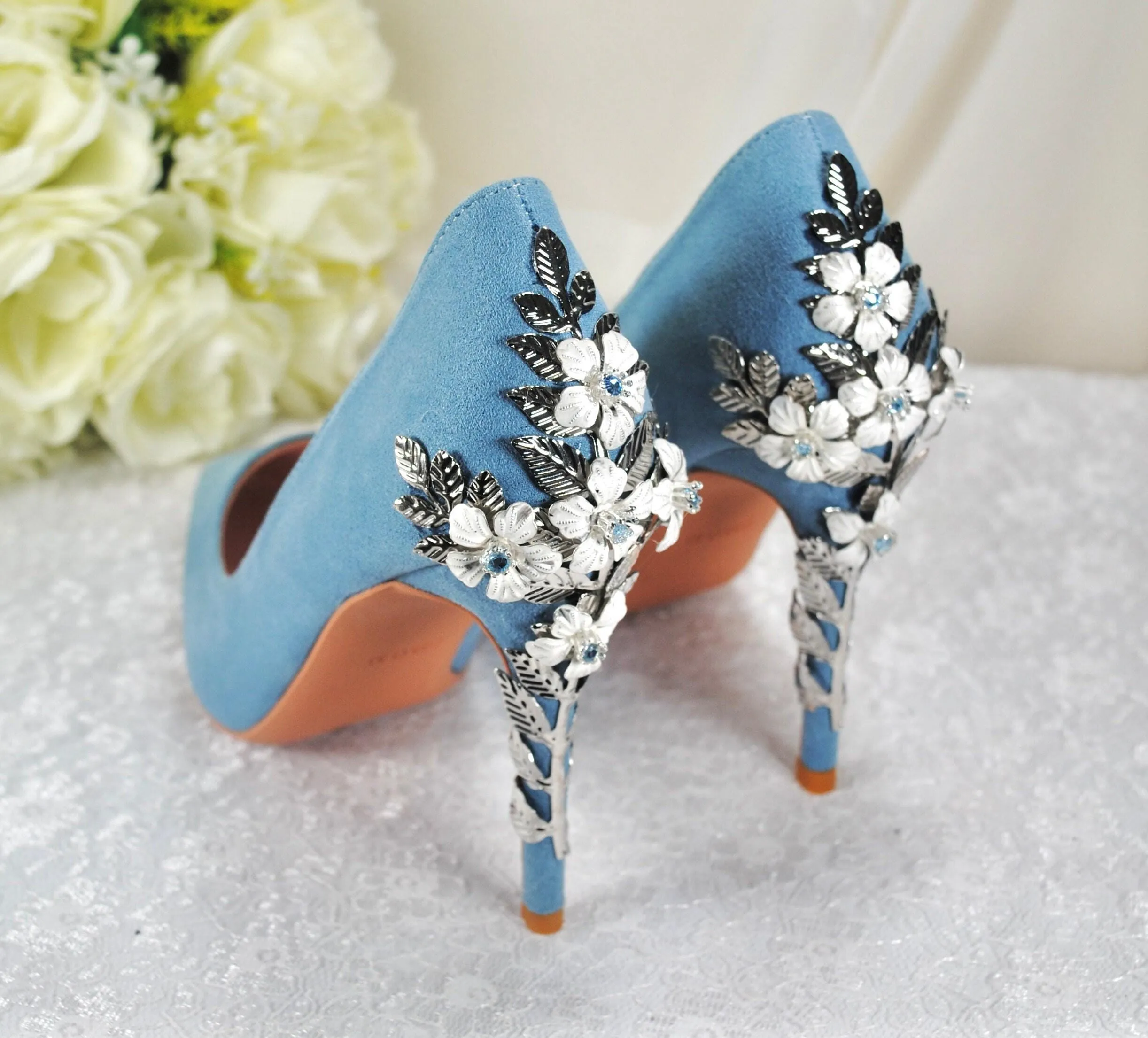 Beautiful Blue Suede Wedding Shoes withSsilver 'Cherry Blossom', Embellished Bridal Shoes, Wedding Heels for Bride Size UK7/US9.5