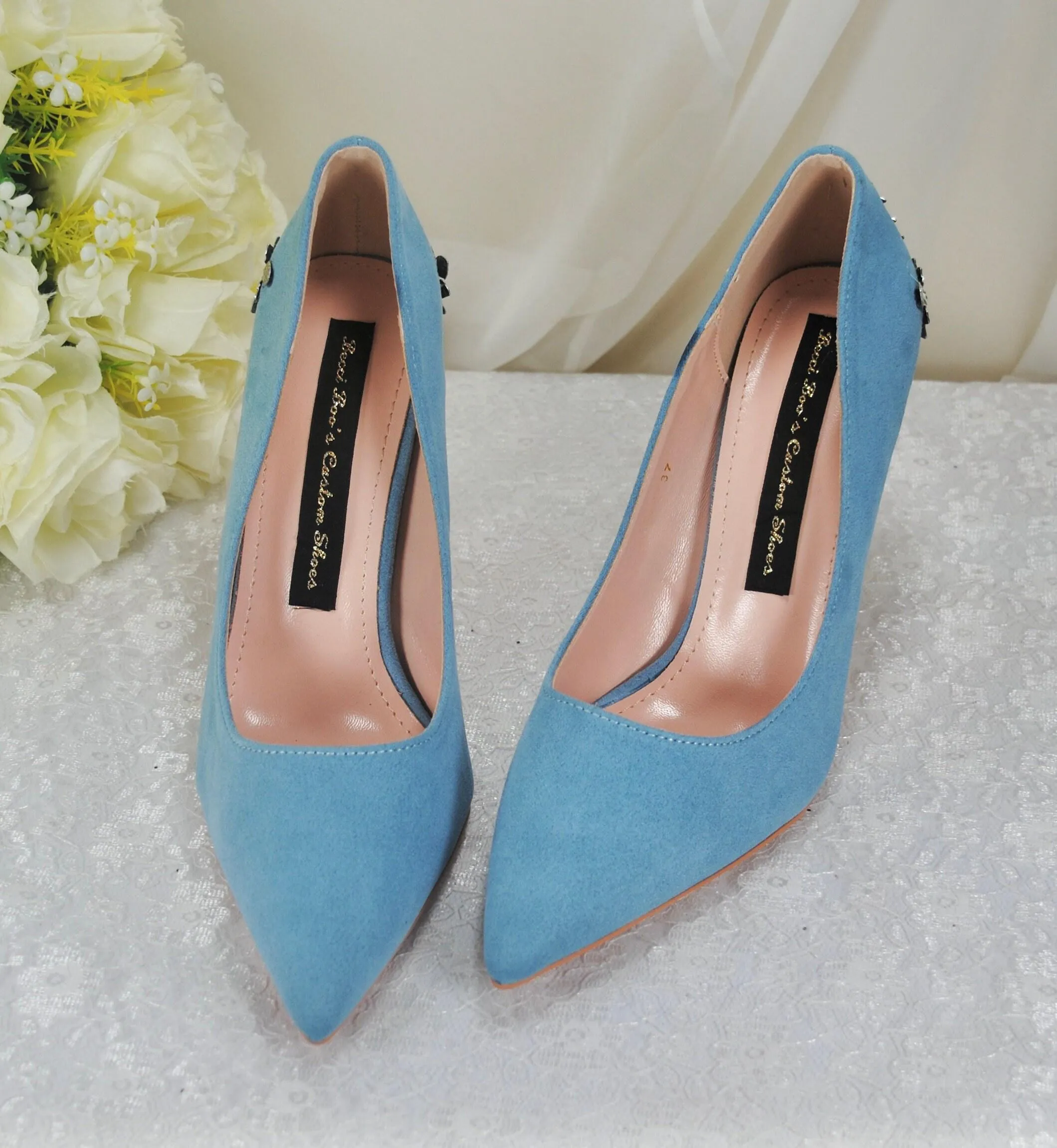 Beautiful Blue Suede Wedding Shoes withSsilver 'Cherry Blossom', Embellished Bridal Shoes, Wedding Heels for Bride Size UK7/US9.5
