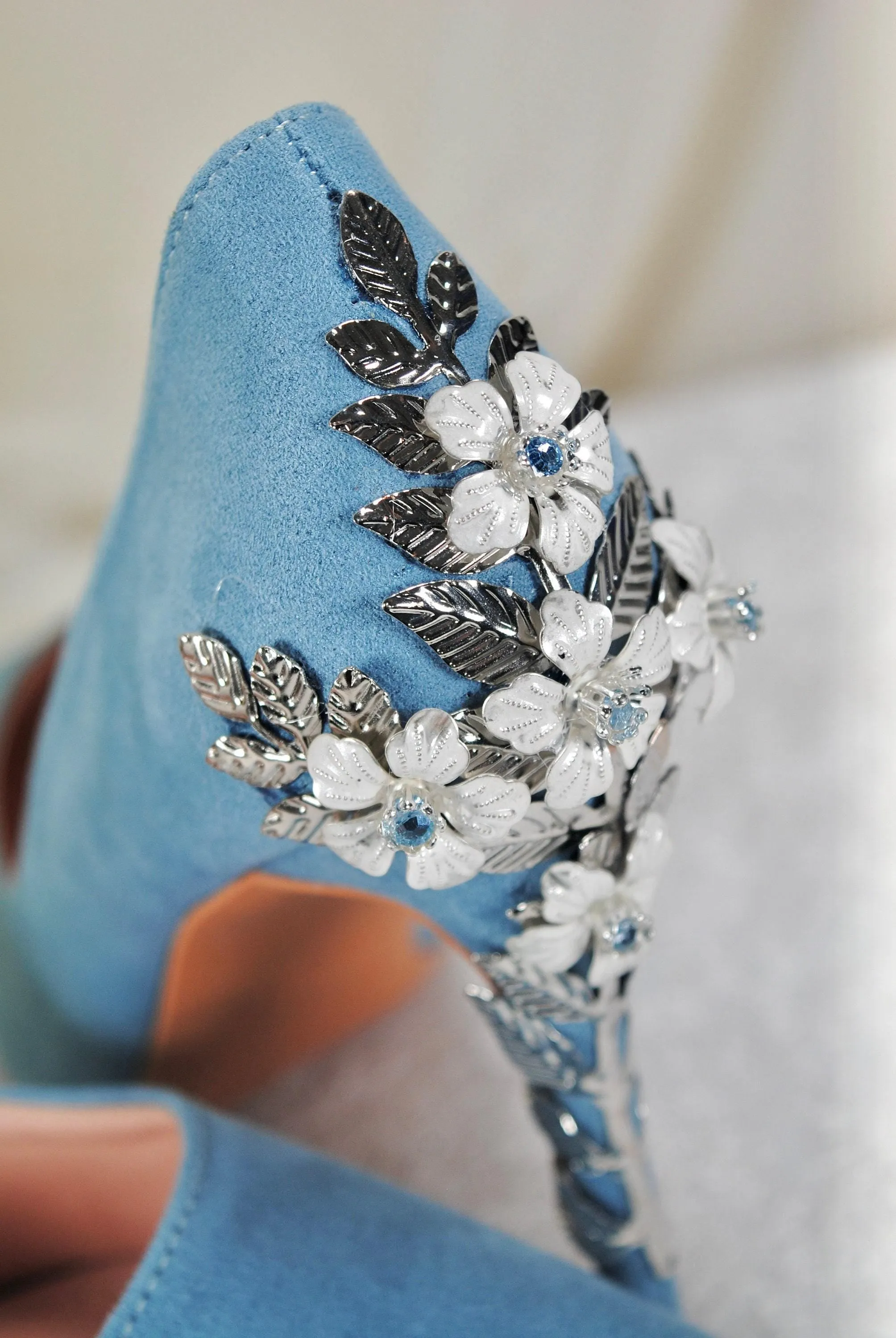 Beautiful Blue Suede Wedding Shoes withSsilver 'Cherry Blossom', Embellished Bridal Shoes, Wedding Heels for Bride Size UK7/US9.5