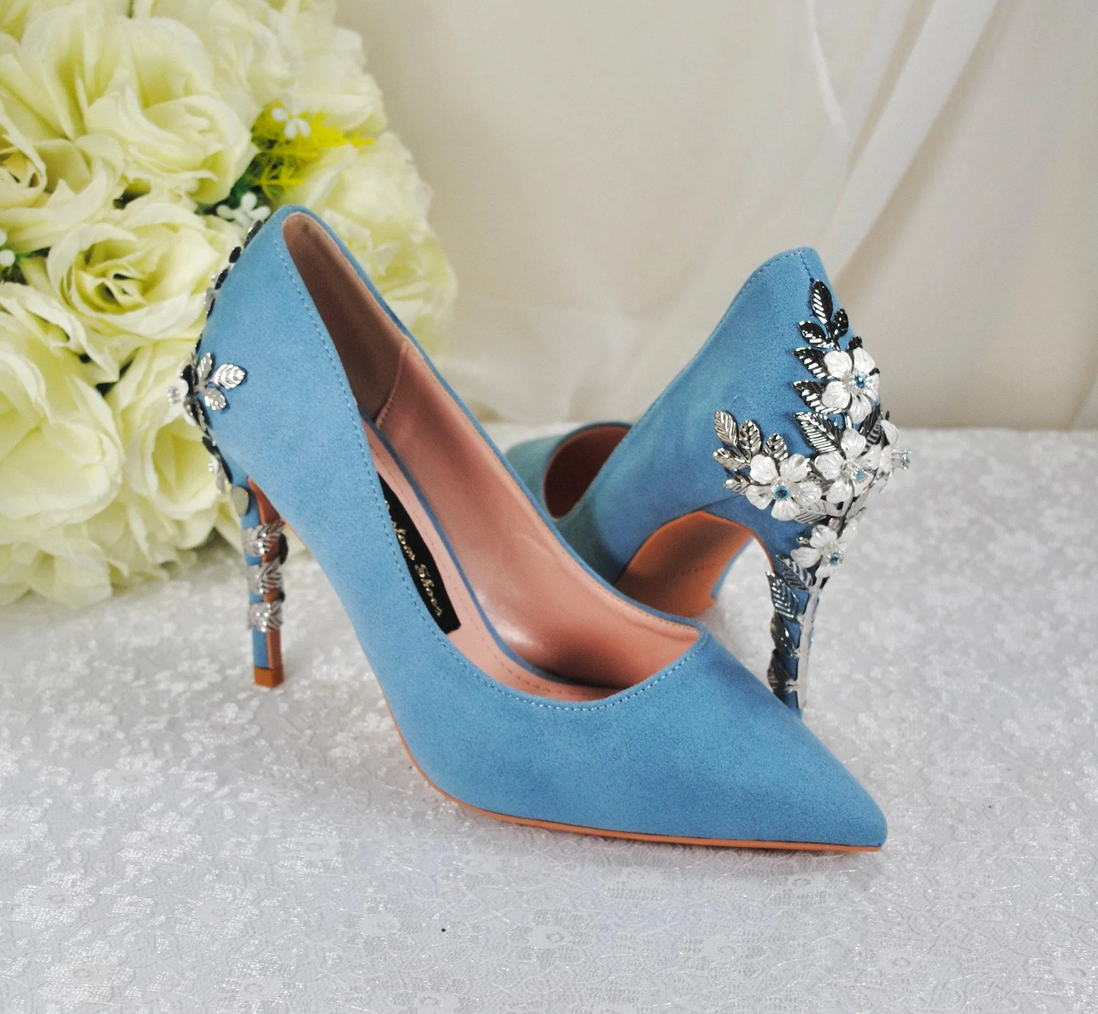 Beautiful Blue Suede Wedding Shoes withSsilver 'Cherry Blossom', Embellished Bridal Shoes, Wedding Heels for Bride Size UK7/US9.5