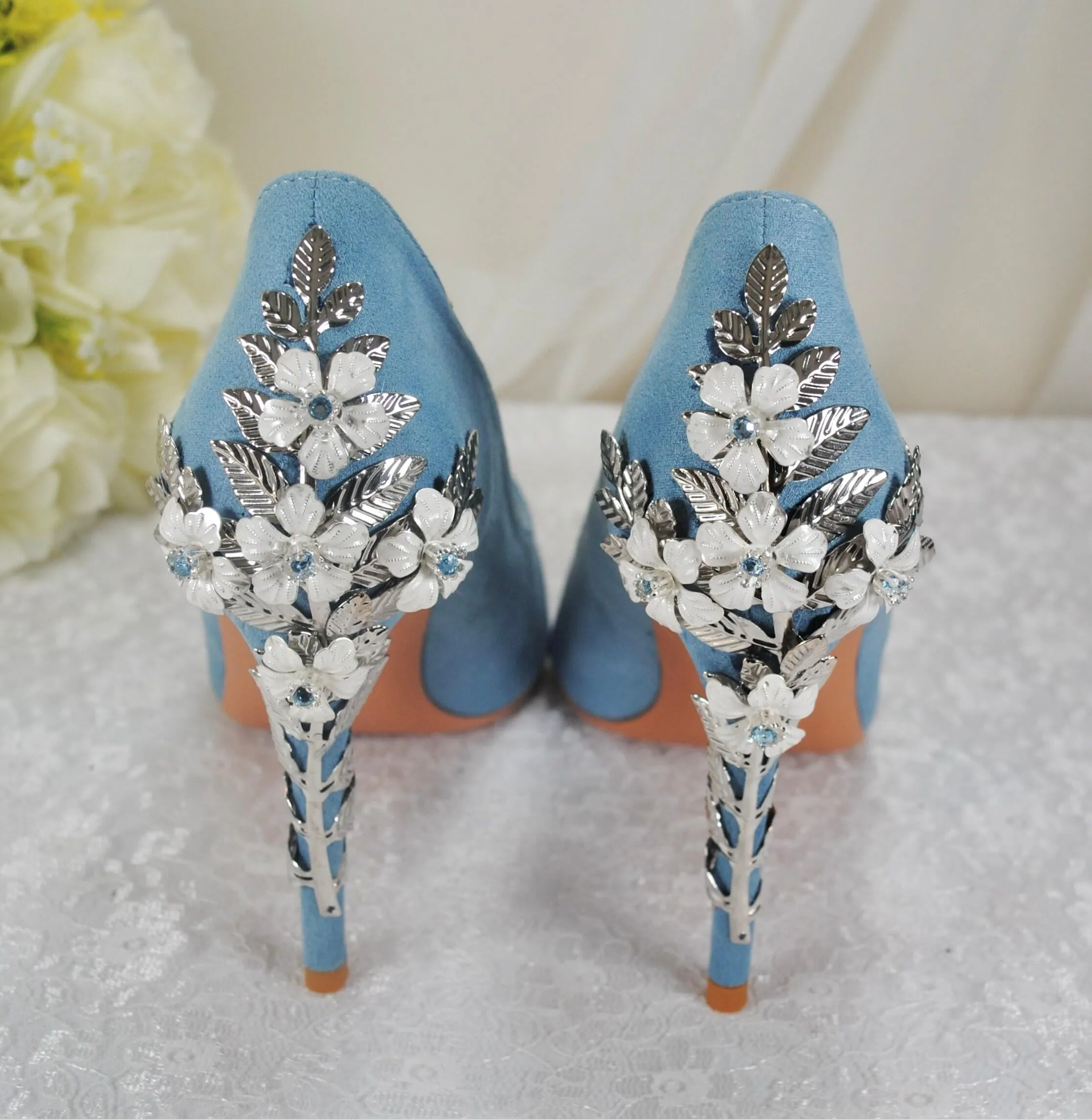 Beautiful Blue Suede Wedding Shoes withSsilver 'Cherry Blossom', Embellished Bridal Shoes, Wedding Heels for Bride Size UK7/US9.5