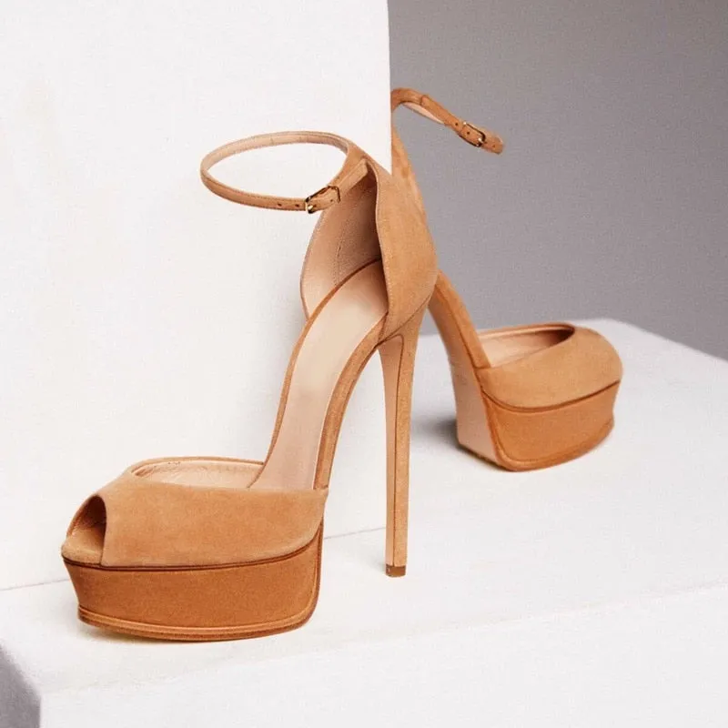 Beige Suede High Platform Pumps