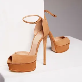 Beige Suede High Platform Pumps