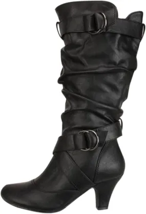 Boots for Women Wide Calf,Pull On Mid Heel Winter Shoes Buckle Strap Knee High Booties with Zip Goth Leather Boots
