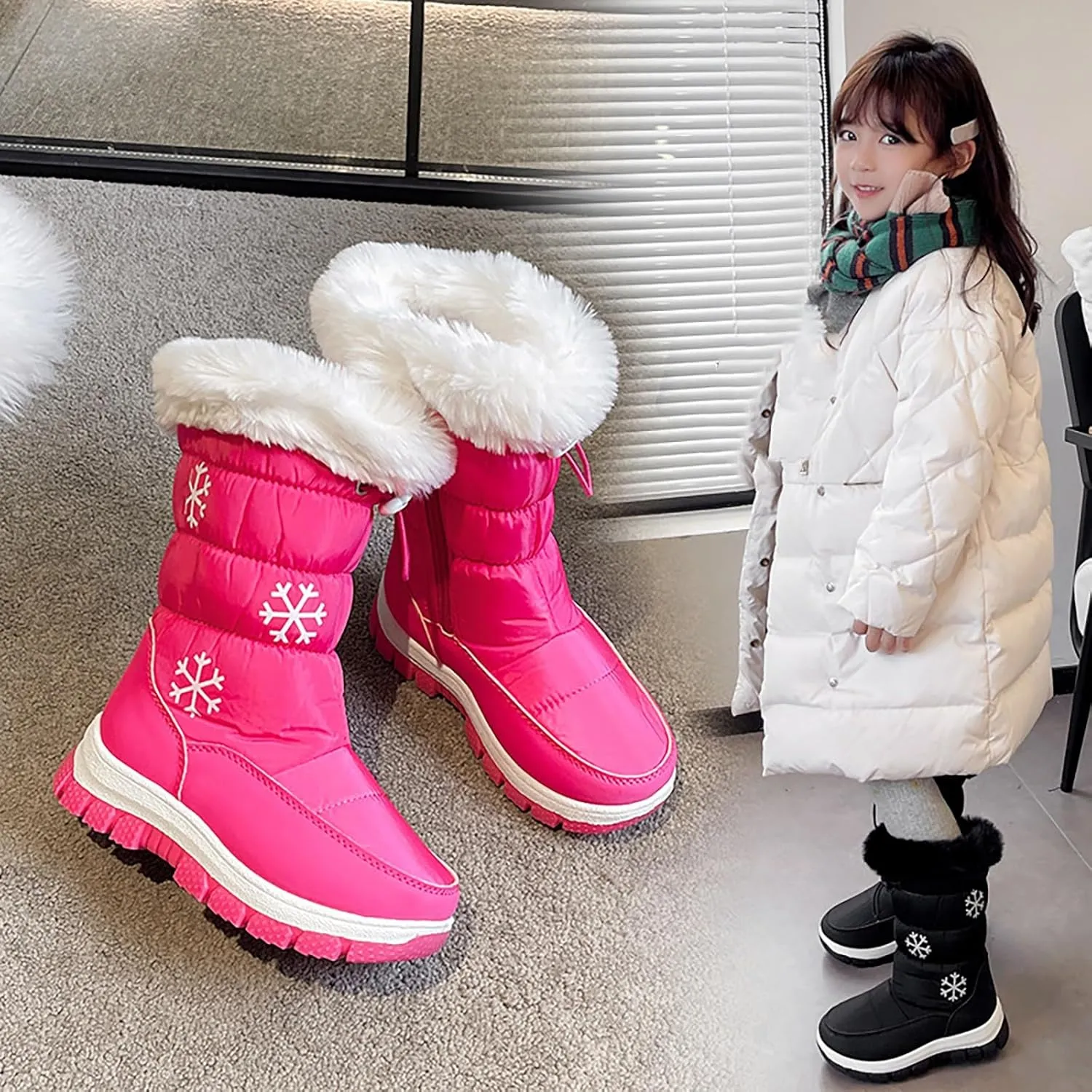 Boys Girls Snow Boots Outdoor Warm Cozy Anti-Slip Mid Calf Faux Fr ining Insulated Shoes for Little/Big Kids