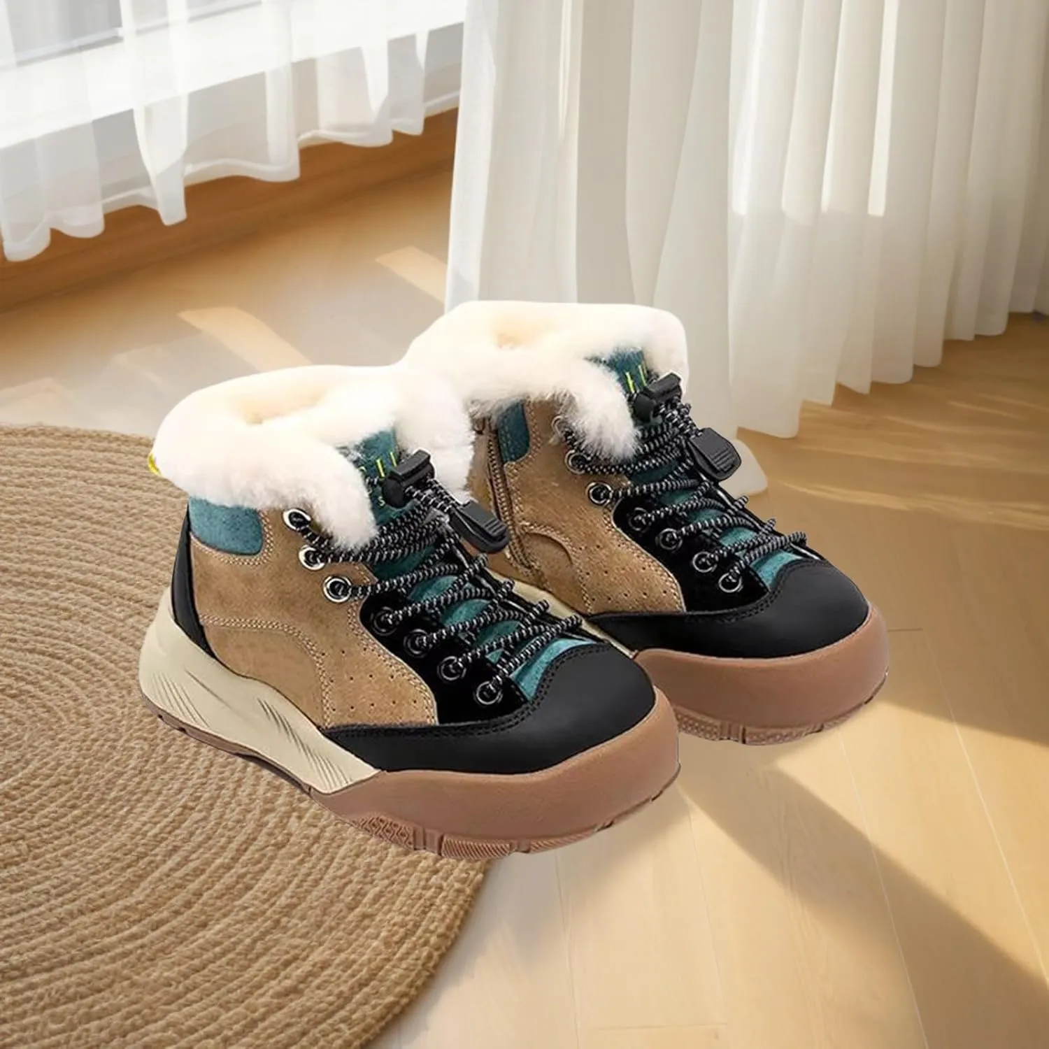 Boys Kids Snow Fuzzy Booties Lace-Up Thick Non Slip Ski Shoes Childrens Ankle Warm Comfy Fashion Shoes Chunky Sole
