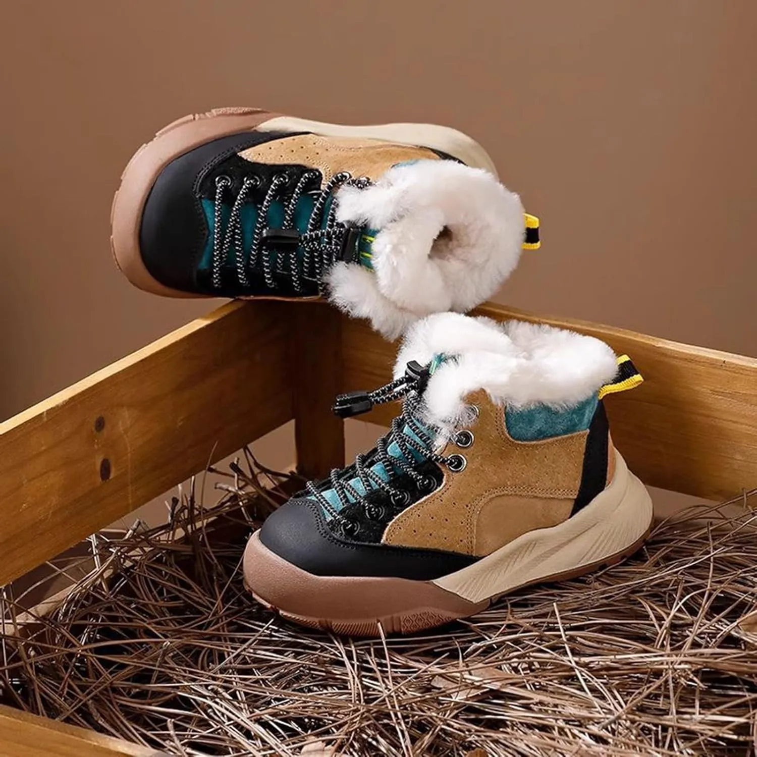Boys Kids Snow Fuzzy Booties Lace-Up Thick Non Slip Ski Shoes Childrens Ankle Warm Comfy Fashion Shoes Chunky Sole
