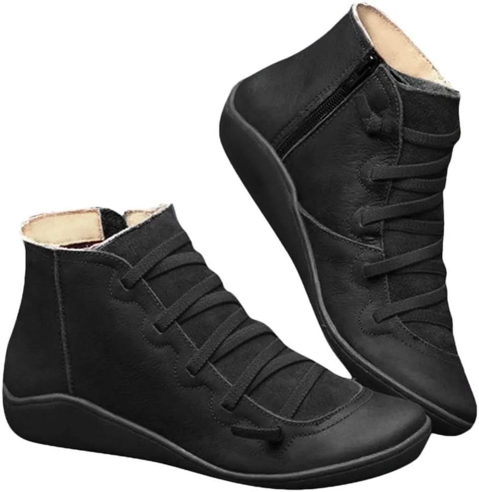 Cathalem Ankle Boots for Women 2024 New Arch Support Boots Flat Heel Booties Side Zipper Vintage Leather Damping Shoes