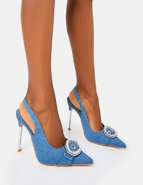 Confession Blue Denim Diamante Buckle Broach Detail Slingback Pointed Court Stiletto High Heels