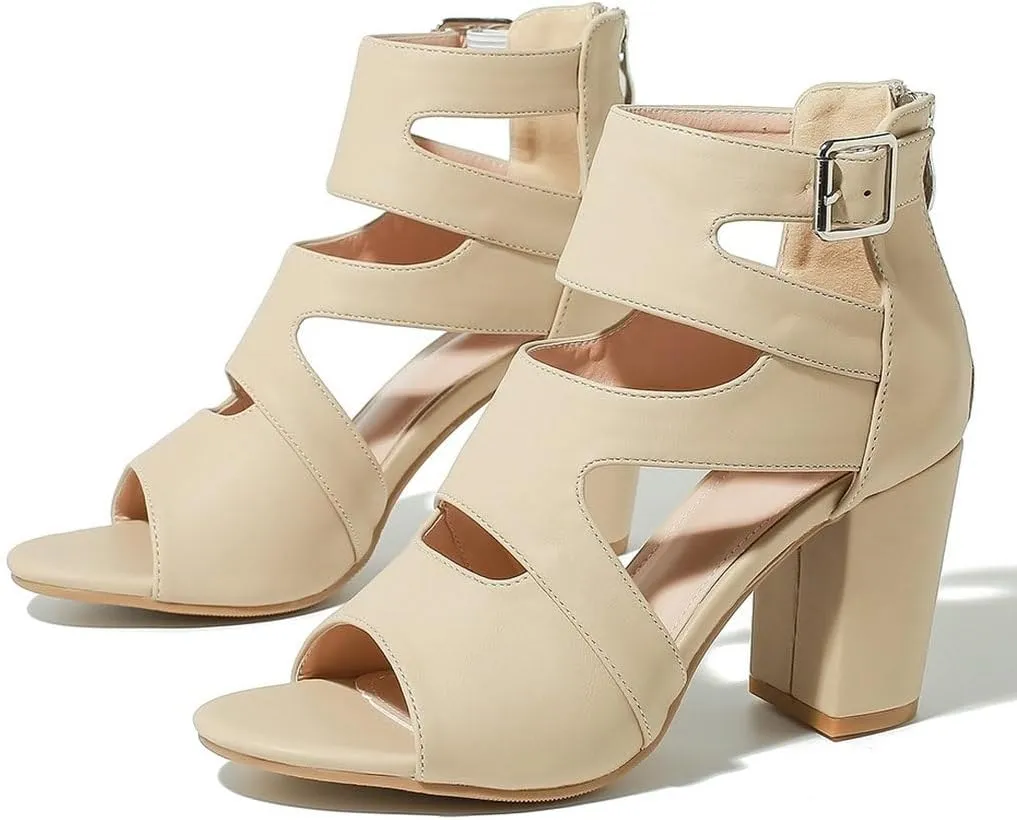 DINTAHA Peep Toe Booties Women,Cutout Caged Heeled Gladiator Sandals,Strappy Block Heels