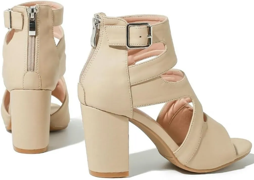 DINTAHA Peep Toe Booties Women,Cutout Caged Heeled Gladiator Sandals,Strappy Block Heels