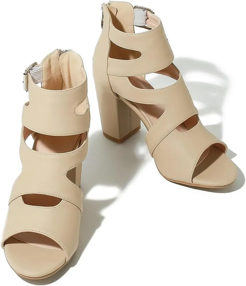 DINTAHA Peep Toe Booties Women,Cutout Caged Heeled Gladiator Sandals,Strappy Block Heels