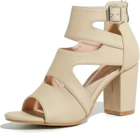 DINTAHA Peep Toe Booties Women,Cutout Caged Heeled Gladiator Sandals,Strappy Block Heels