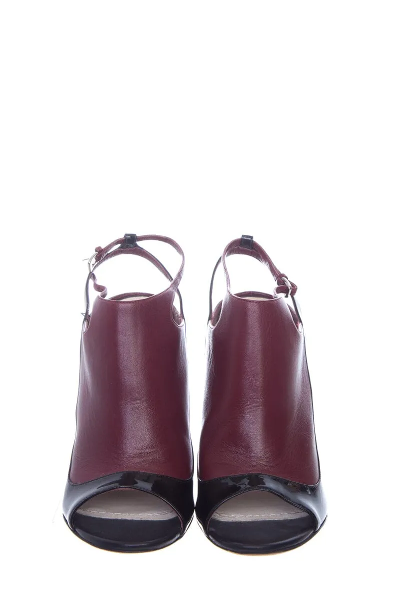 Dior Maroon and Black Leather Peep Toe Wedge SZ 38