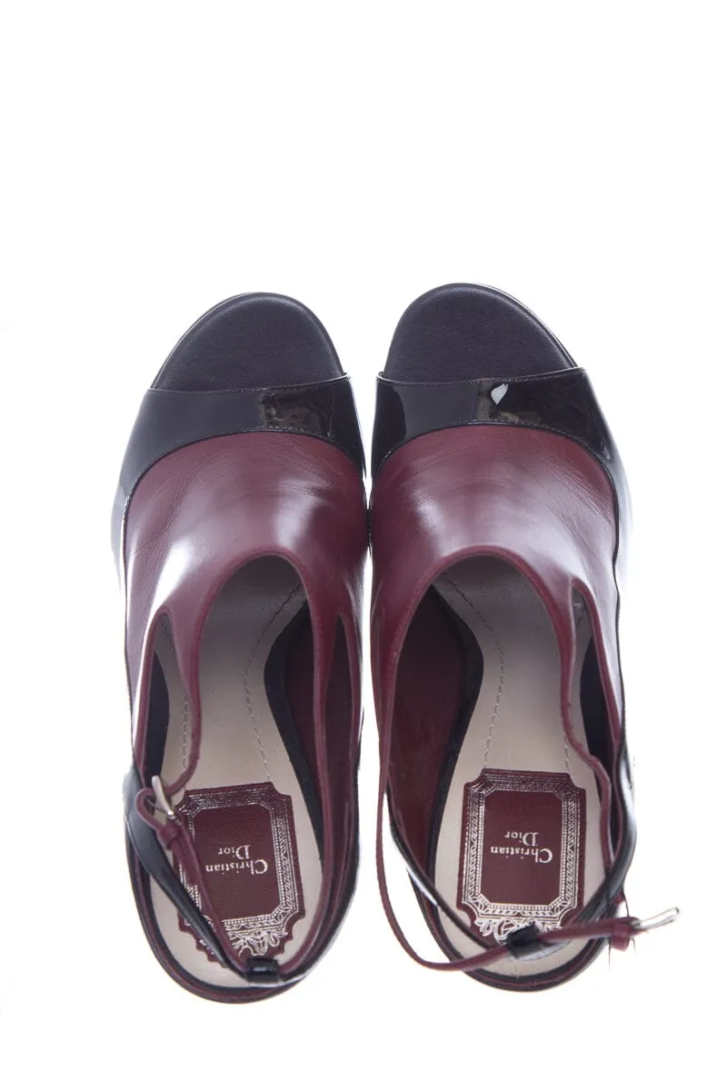 Dior Maroon and Black Leather Peep Toe Wedge SZ 38