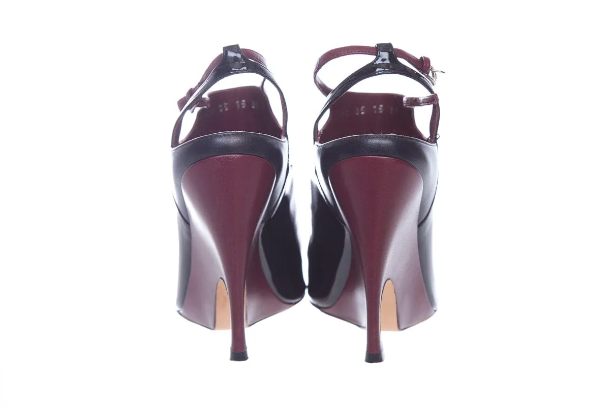 Dior Maroon and Black Leather Peep Toe Wedge SZ 38