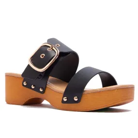 Double Adjustable Buckle Straps Slip On Wood Accents Sandals Black