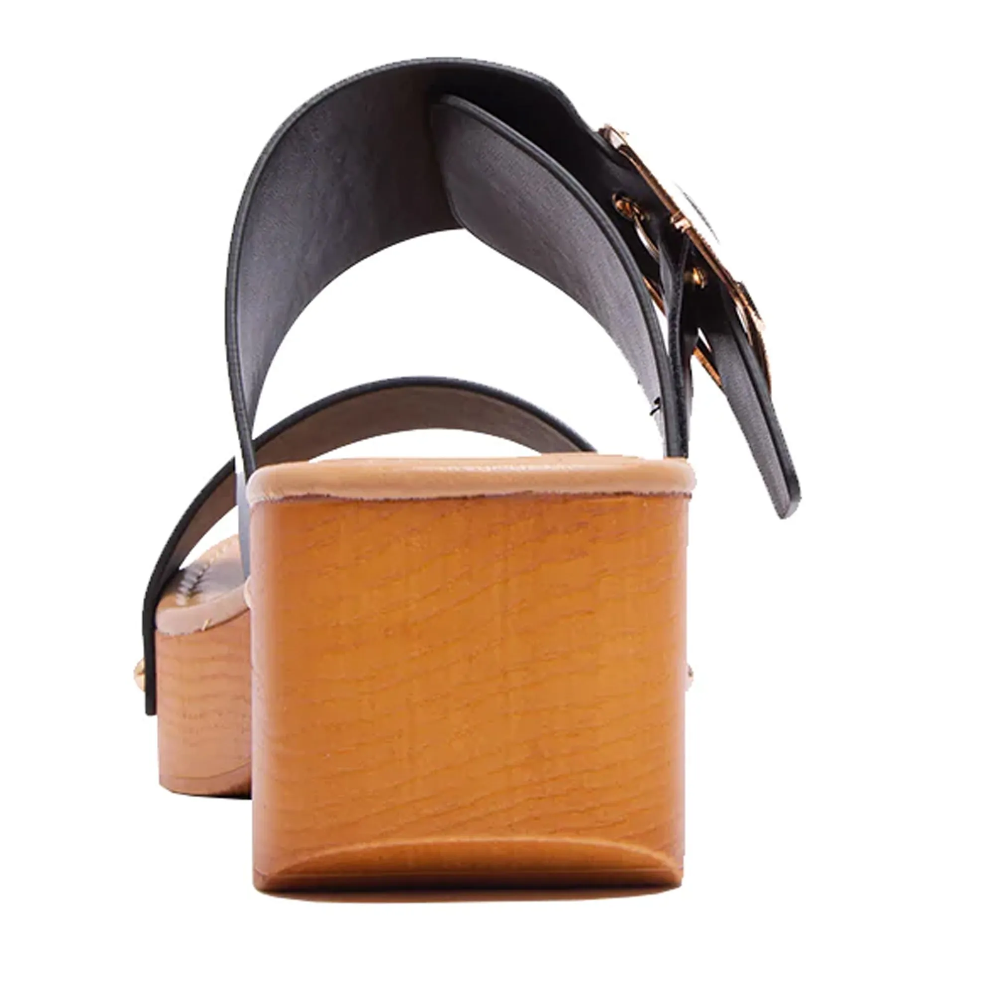 Double Adjustable Buckle Straps Slip On Wood Accents Sandals Black