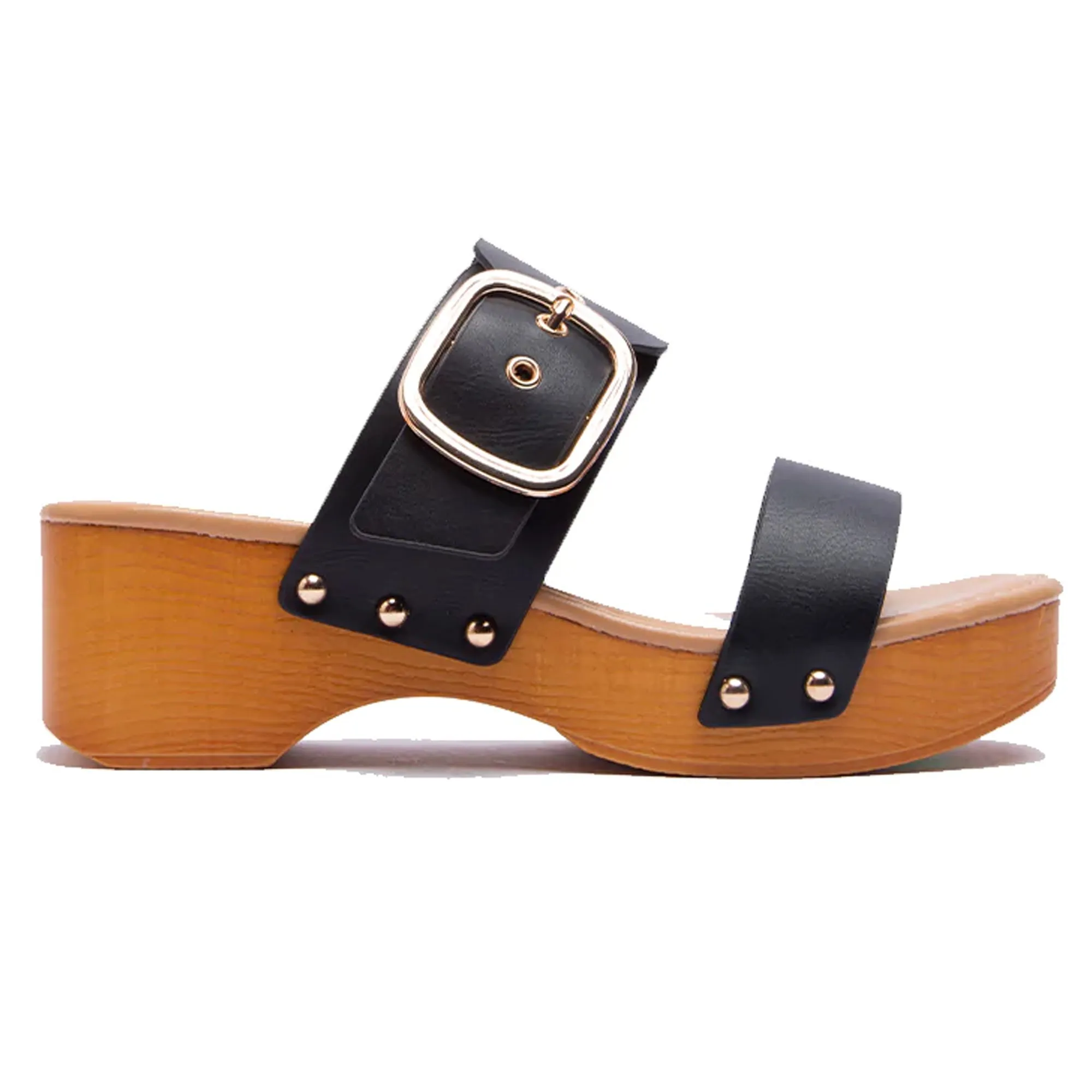 Double Adjustable Buckle Straps Slip On Wood Accents Sandals Black