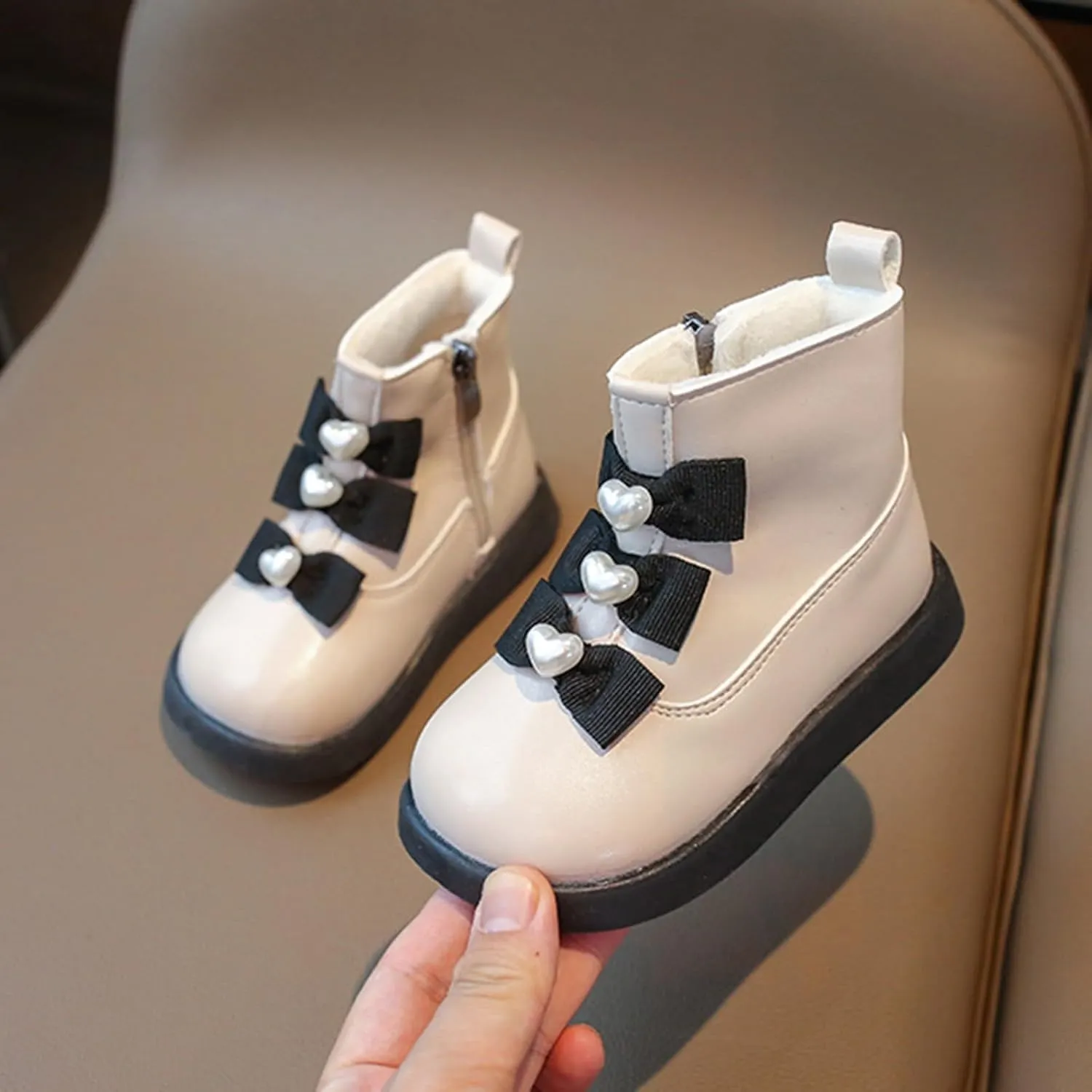 Fashion Bowtie Ankle Boots for Toddler Girls PU Leather Water Proof Princess School Shoes Thick Cozy Sweet Flat