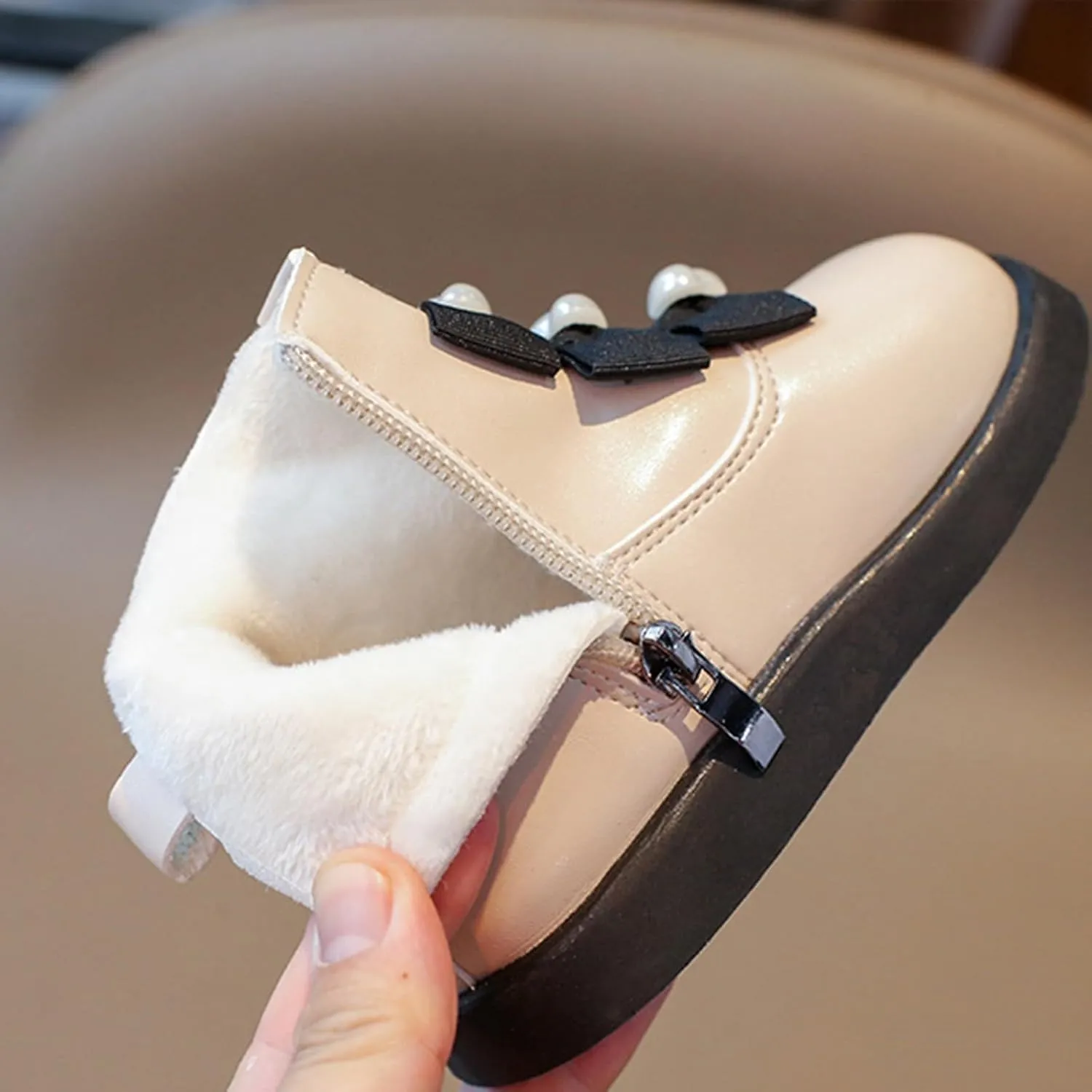Fashion Bowtie Ankle Boots for Toddler Girls PU Leather Water Proof Princess School Shoes Thick Cozy Sweet Flat