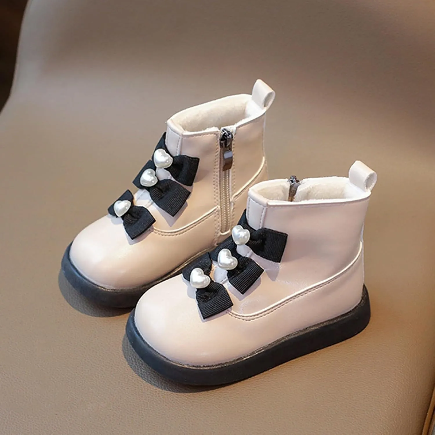 Fashion Bowtie Ankle Boots for Toddler Girls PU Leather Water Proof Princess School Shoes Thick Cozy Sweet Flat