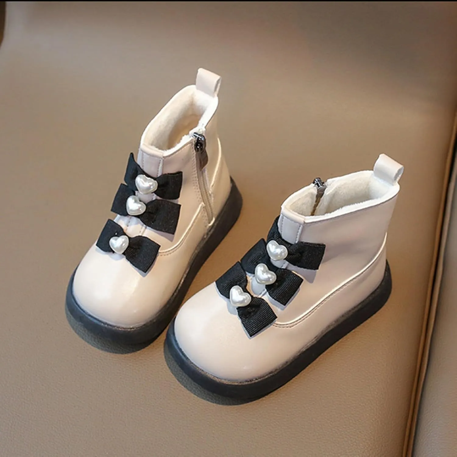 Fashion Bowtie Ankle Boots for Toddler Girls PU Leather Water Proof Princess School Shoes Thick Cozy Sweet Flat