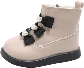 Fashion Bowtie Ankle Boots for Toddler Girls PU Leather Water Proof Princess School Shoes Thick Cozy Sweet Flat