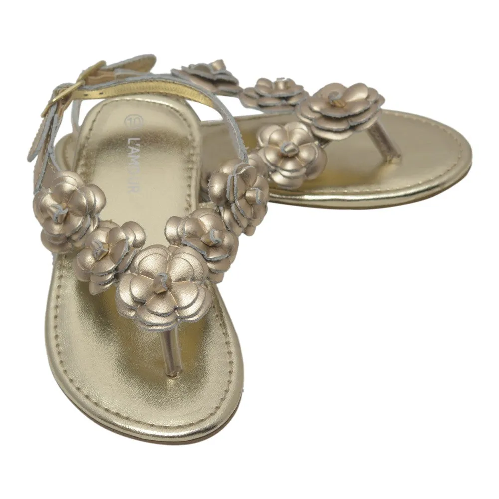 Girls Gold Flower Blossom Accent Buckle Thong Sandals 7-10 Toddler