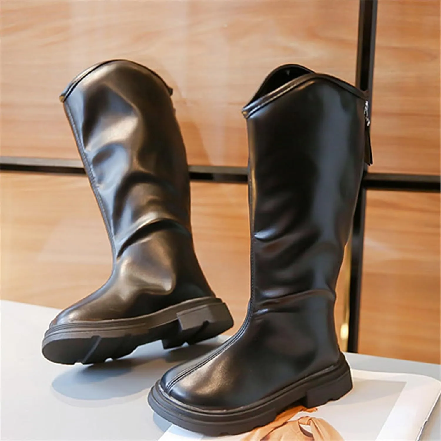 Girls Leather aterproof Long Boots Kids ow Heel Fron Zipper Shoes Childrens Outdoor Dress Dance Soft Shoes Comfy