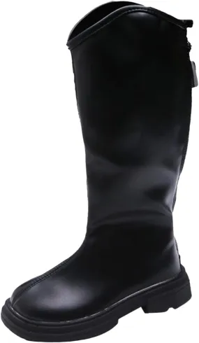 Girls Leather aterproof Long Boots Kids ow Heel Fron Zipper Shoes Childrens Outdoor Dress Dance Soft Shoes Comfy