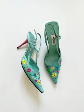 Groovy Blue Moschino Silk Embroidered Flower Heels (8, 8.5)
