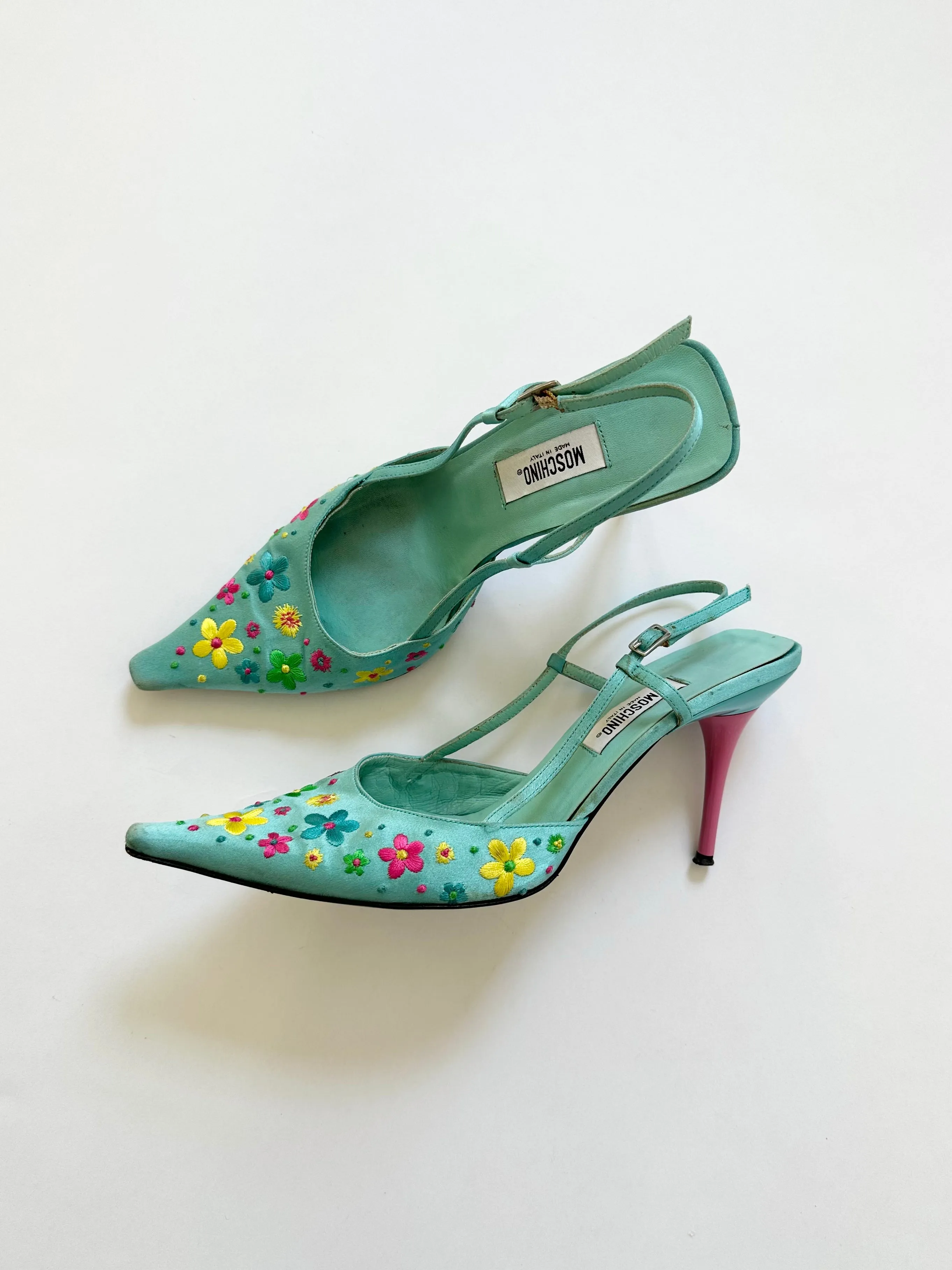 Groovy Blue Moschino Silk Embroidered Flower Heels (8, 8.5)