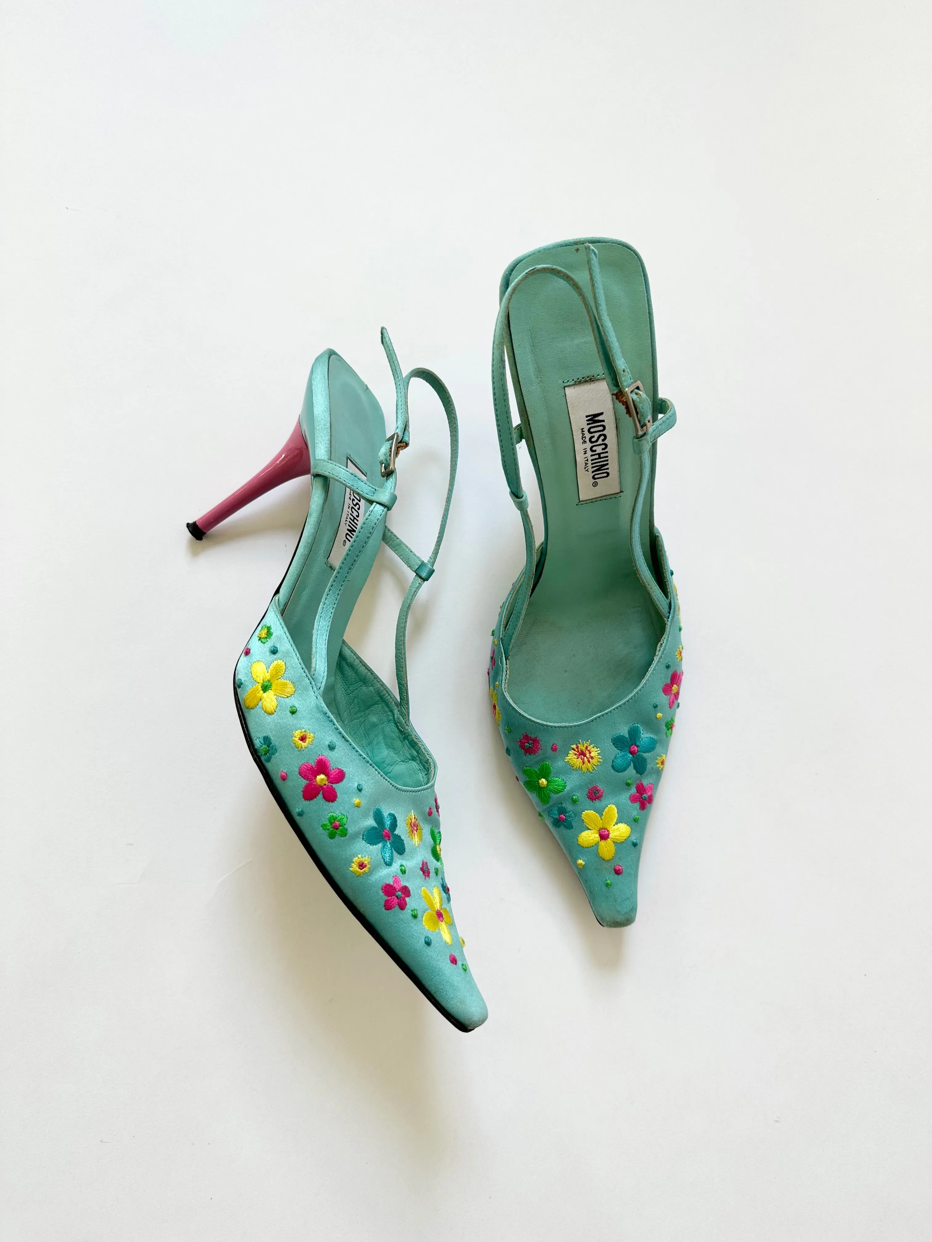Groovy Blue Moschino Silk Embroidered Flower Heels (8, 8.5)