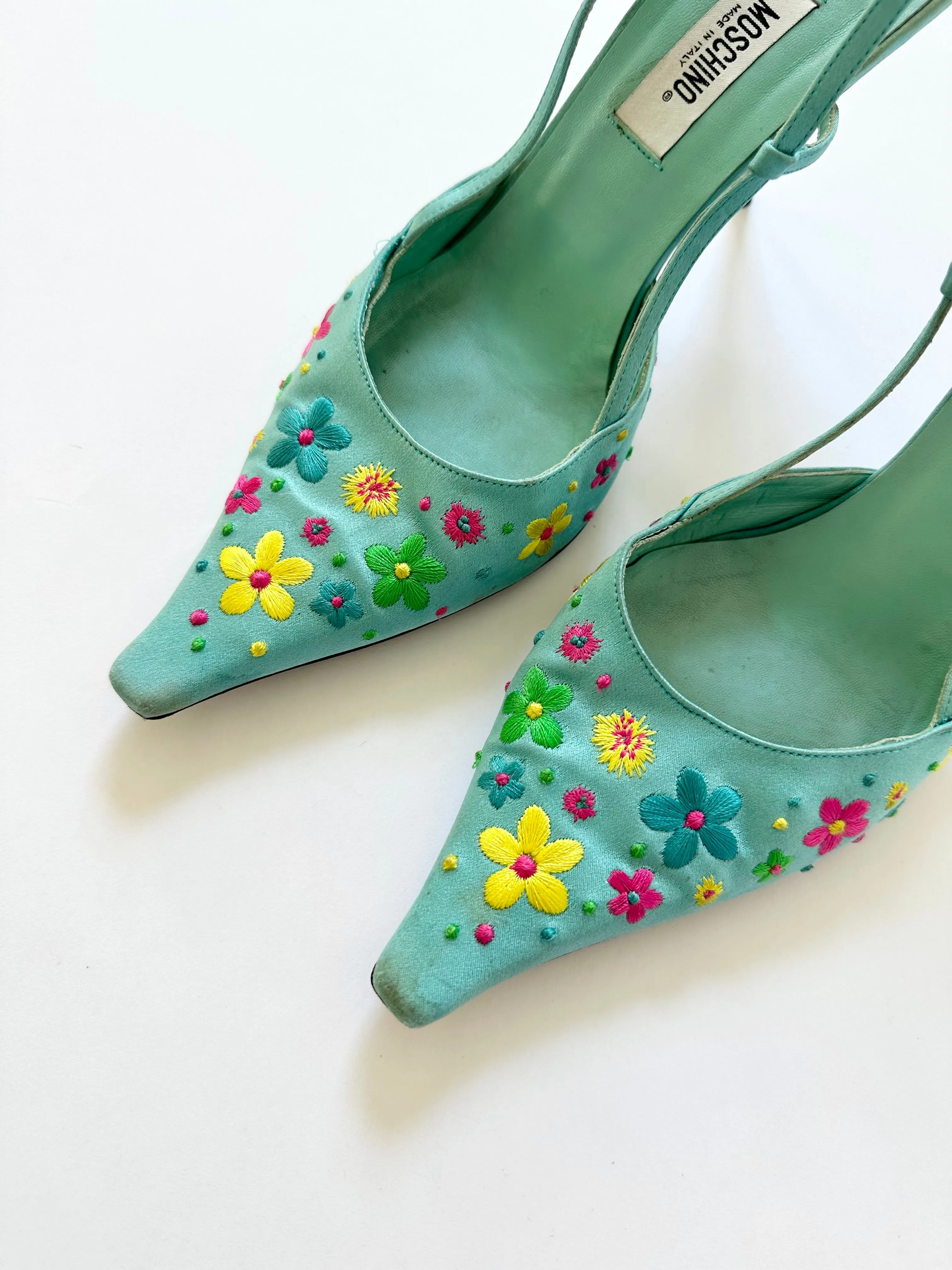 Groovy Blue Moschino Silk Embroidered Flower Heels (8, 8.5)