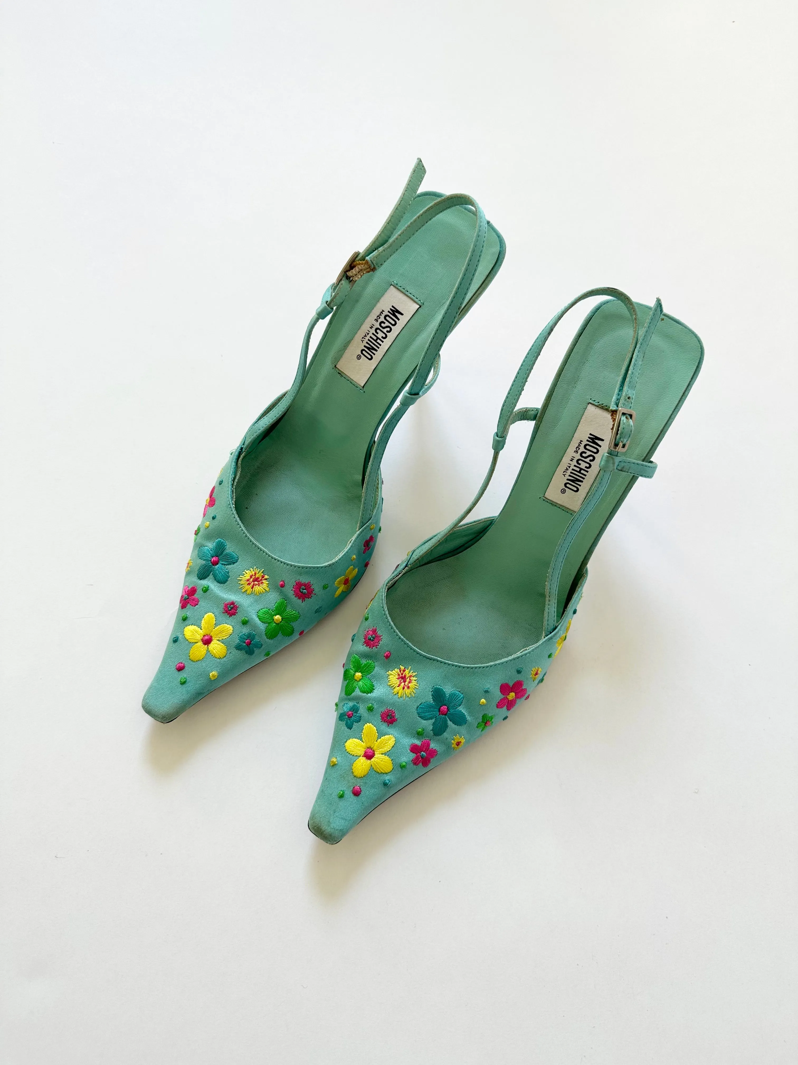 Groovy Blue Moschino Silk Embroidered Flower Heels (8, 8.5)