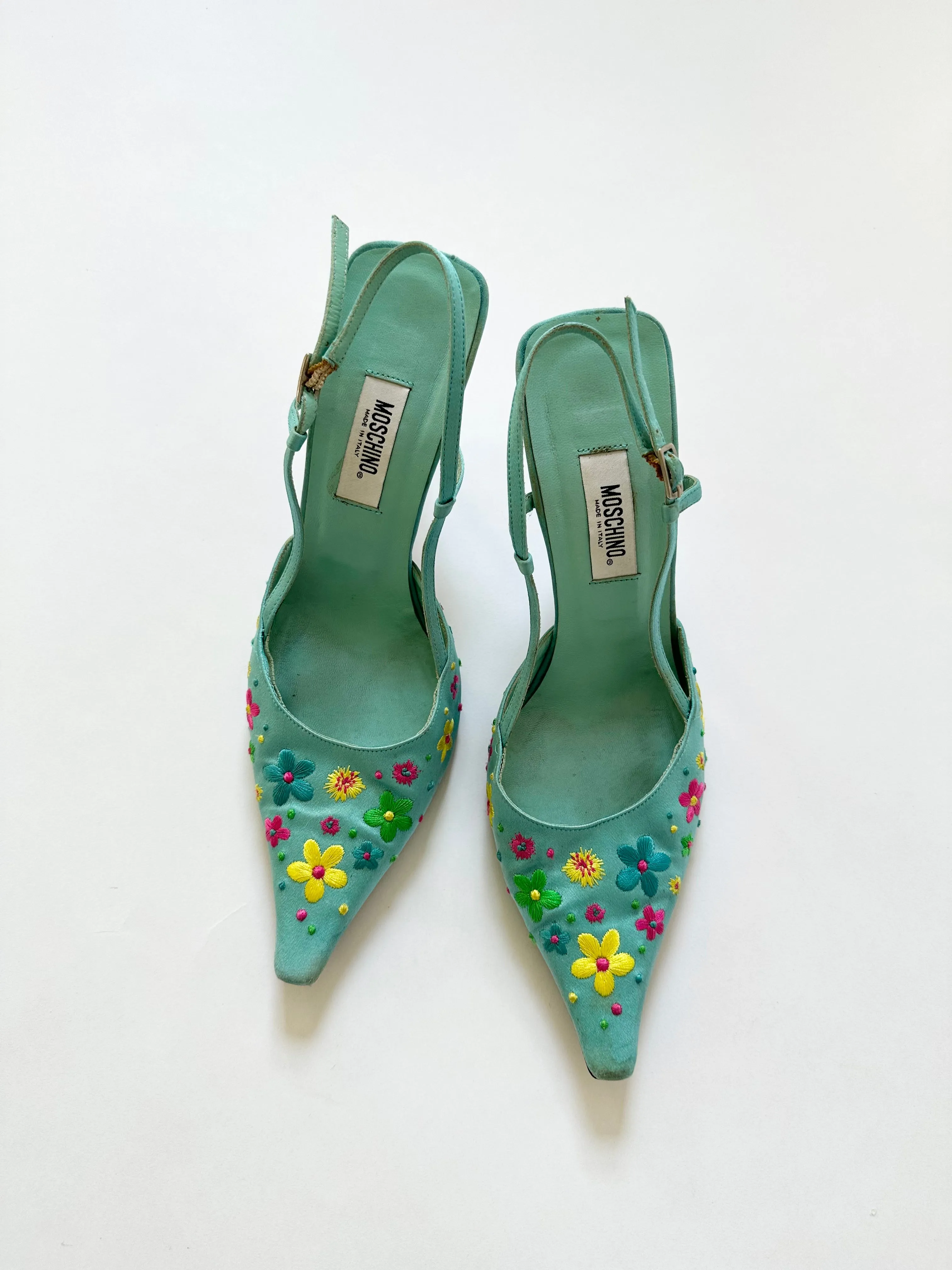 Groovy Blue Moschino Silk Embroidered Flower Heels (8, 8.5)