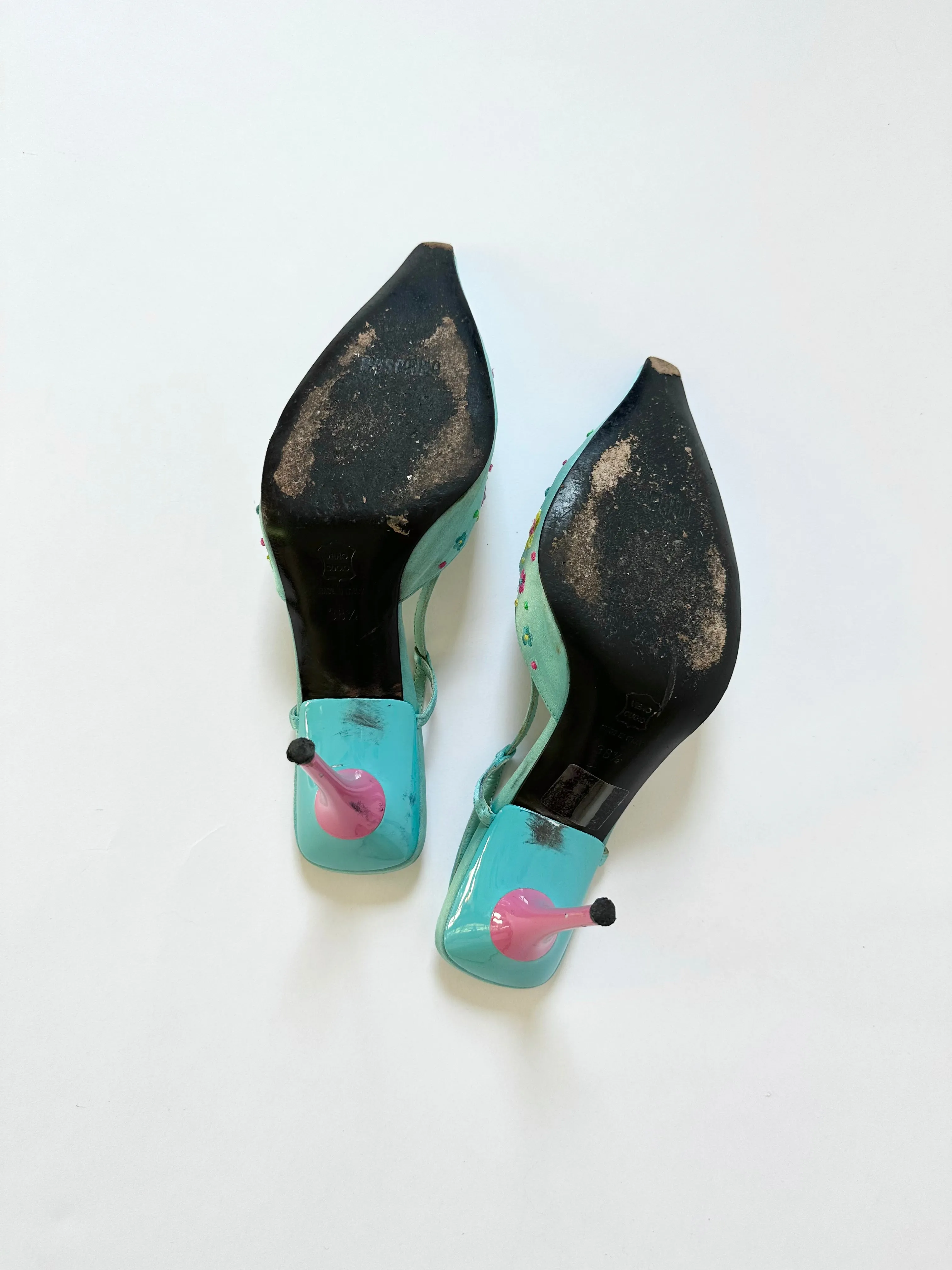 Groovy Blue Moschino Silk Embroidered Flower Heels (8, 8.5)