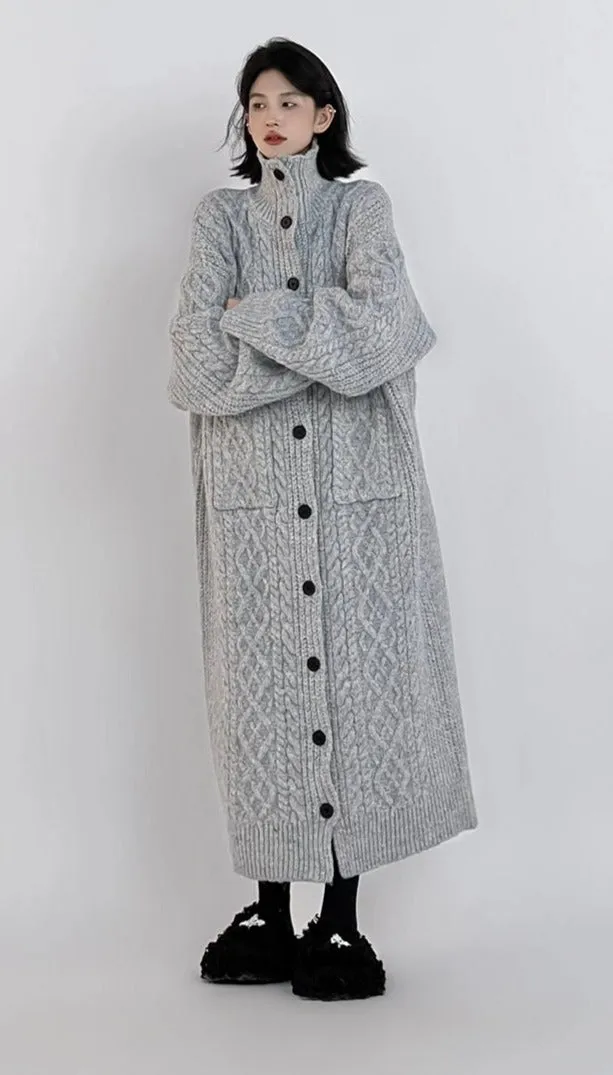 High Neck Braid Pattern Long Knit Oversized Coat
