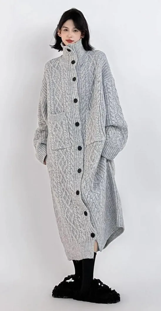 High Neck Braid Pattern Long Knit Oversized Coat