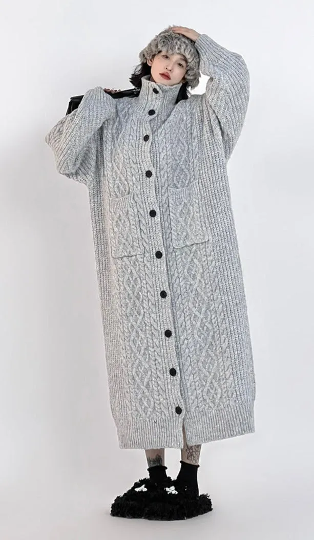 High Neck Braid Pattern Long Knit Oversized Coat