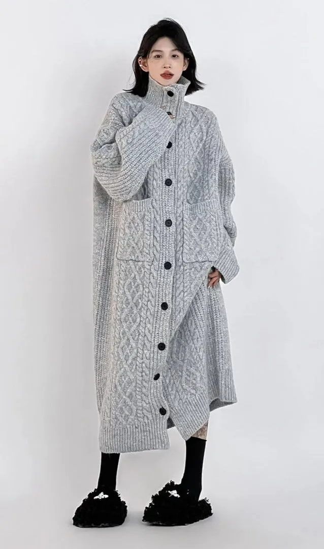 High Neck Braid Pattern Long Knit Oversized Coat