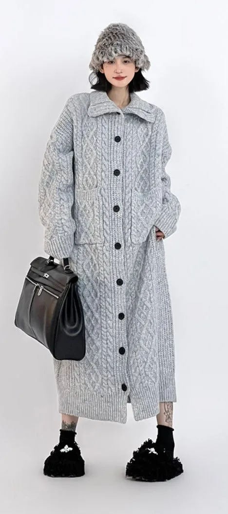 High Neck Braid Pattern Long Knit Oversized Coat