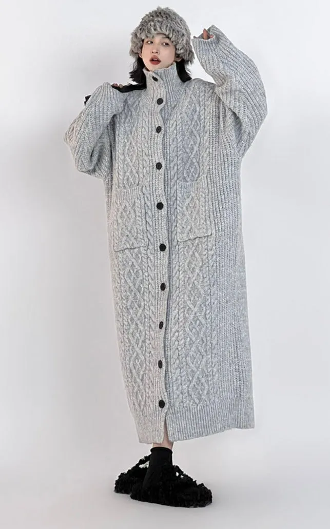 High Neck Braid Pattern Long Knit Oversized Coat